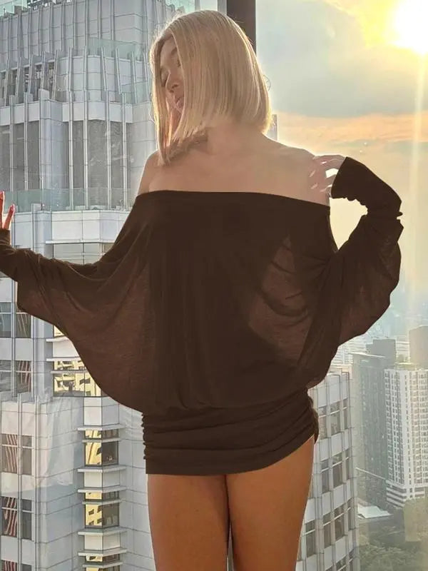 Women's Solid Off The Shoulder Sheer Ruched Dress